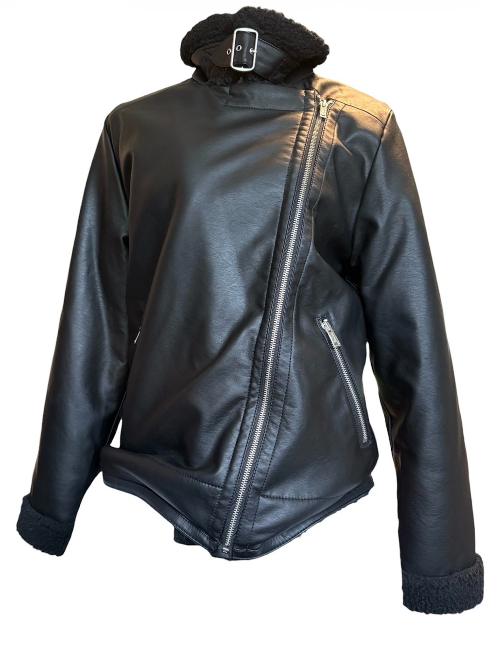 Hollister Black Faux Leather Sherpa-Lined Moto Jacket Asymmetrical Zip-NWOT